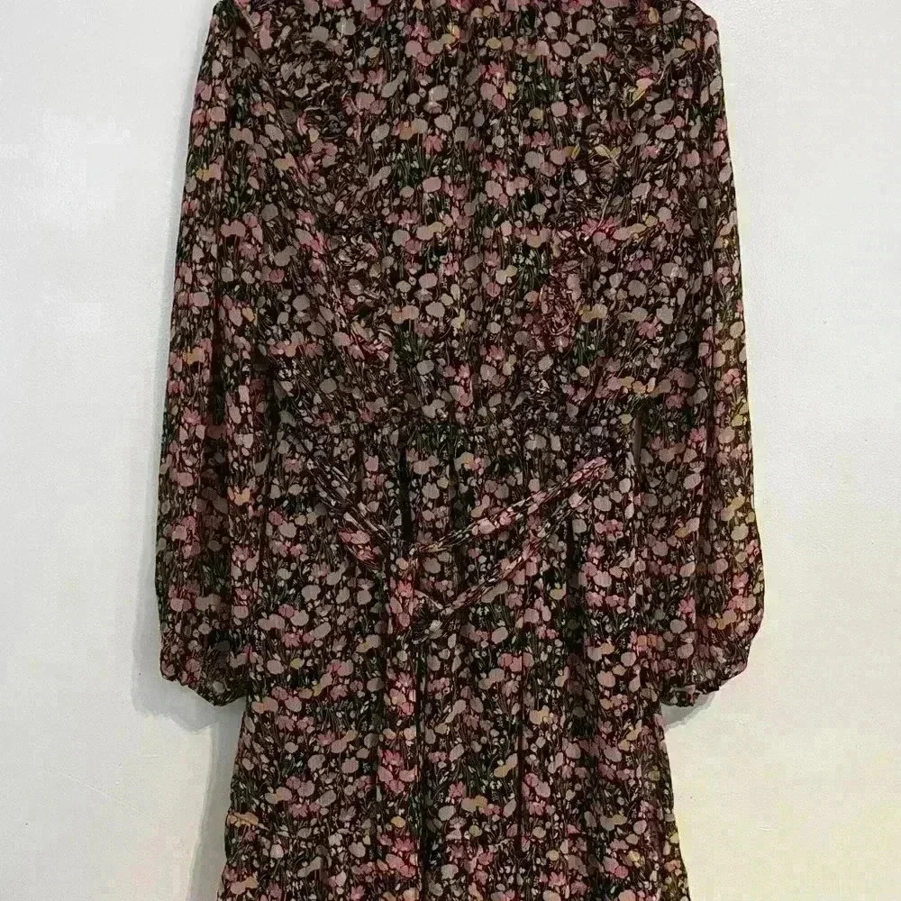 Lauren Conrad Women’s Black And Pink Floral Wrap Dress With Ruffle Detail Large - Picture 2 of 7